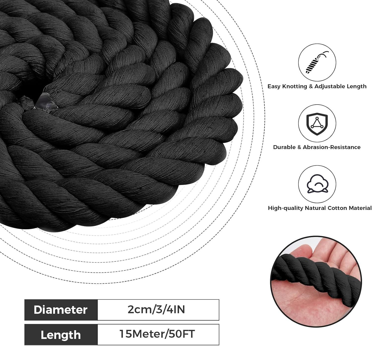 Natural Cotton Rope (3/4inches x 50ft), 3-Strand Twisted Cotton Rope, Natural Thick Black Rope