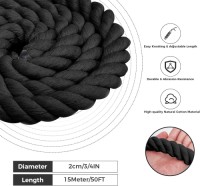 Natural Cotton Rope (3/4inches x 50ft), 3-Strand Twisted Cotton Rope, Natural Thick Black Rope
