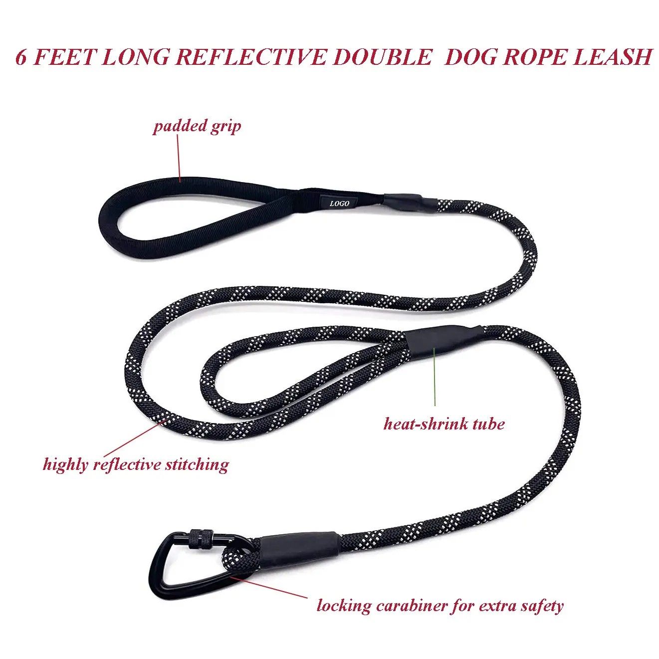 Premium Quality Double Handle Climbing Rope Dog Lead Reflective Nylon Leash with a Locking Carabiner