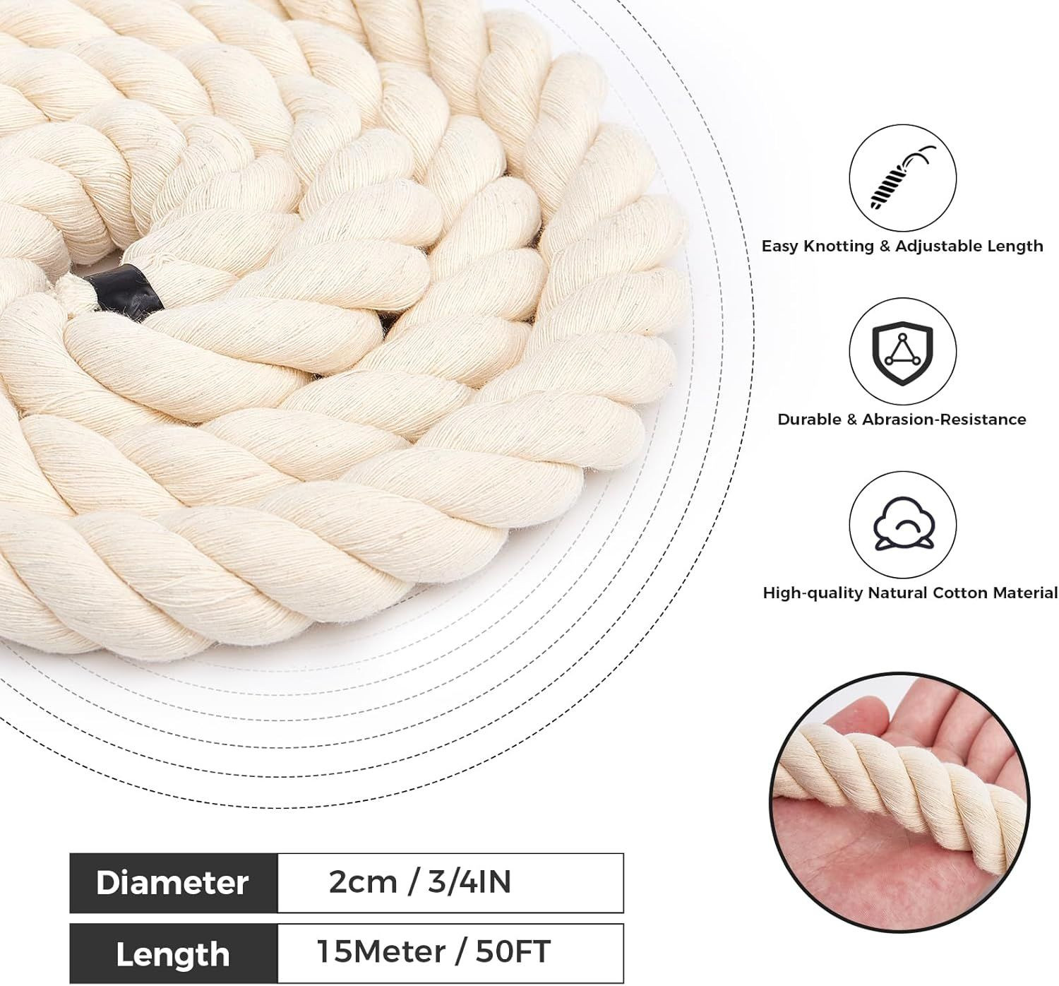 Natural White 100% Cotton Rope (1/2 inches x 50ft), 3-Strand Twisted Cotton Rope, Natural Thick Black Rope