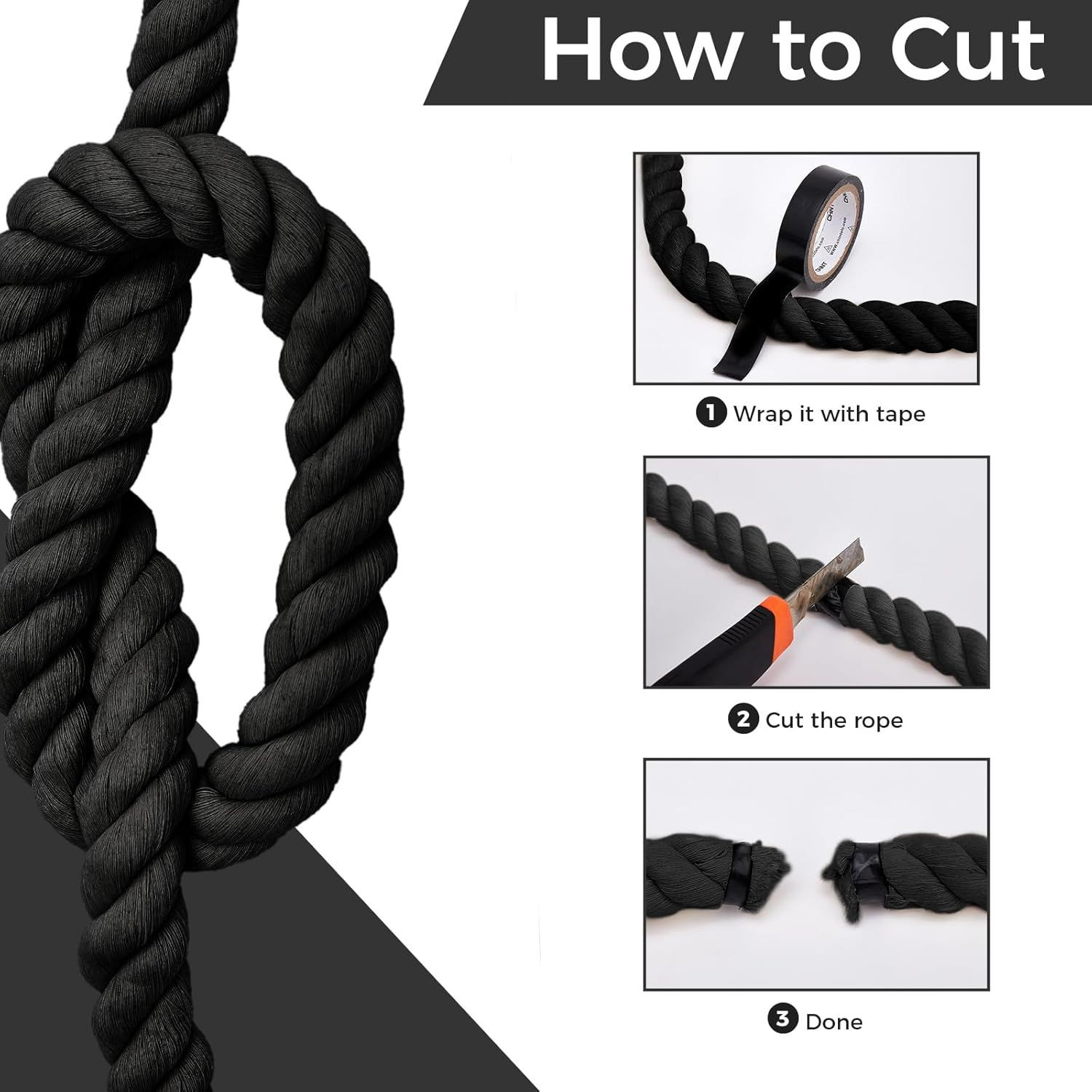 Natural Cotton Rope (3/4inches x 50ft), 3-Strand Twisted Cotton Rope, Natural Thick Black Rope