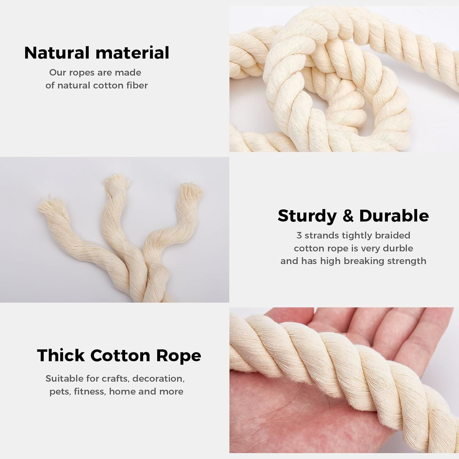 Natural White 100% Cotton Rope (1/2 inches x 50ft), 3-Strand Twisted Cotton Rope, Natural Thick Black Rope