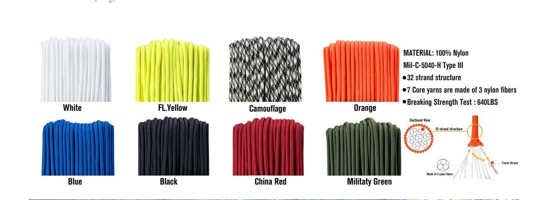 Paracord 550 Type III, 100% Polyester Heavy Duty Tactical Parachute Cord