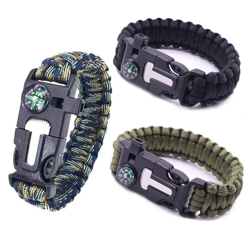 Wholesale New outdoor custom polyester adjustable 5 In 1 tactical whistle fire starter 550 paracord survival bracelet