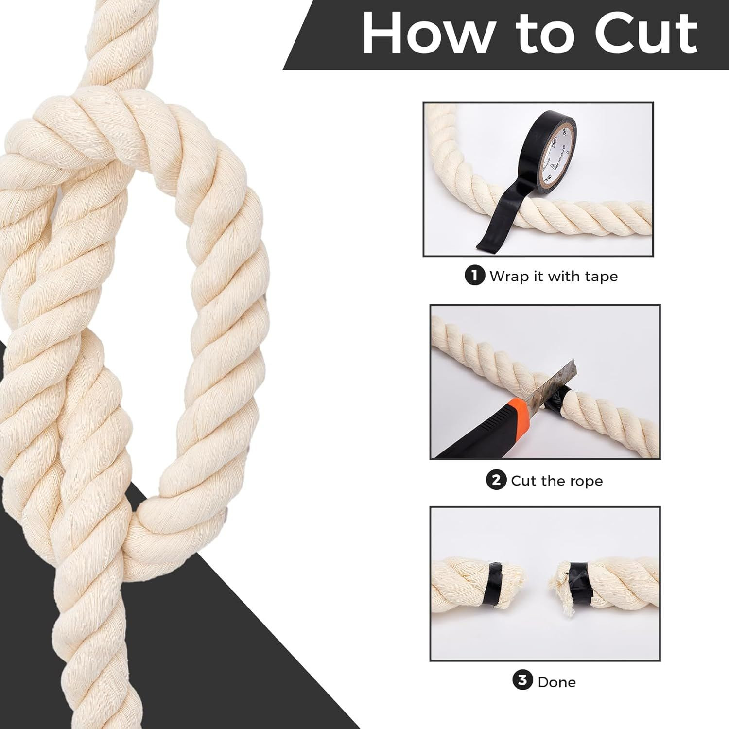 Natural White 100% Cotton Rope (1/2 inches x 50ft), 3-Strand Twisted Cotton Rope, Natural Thick Black Rope